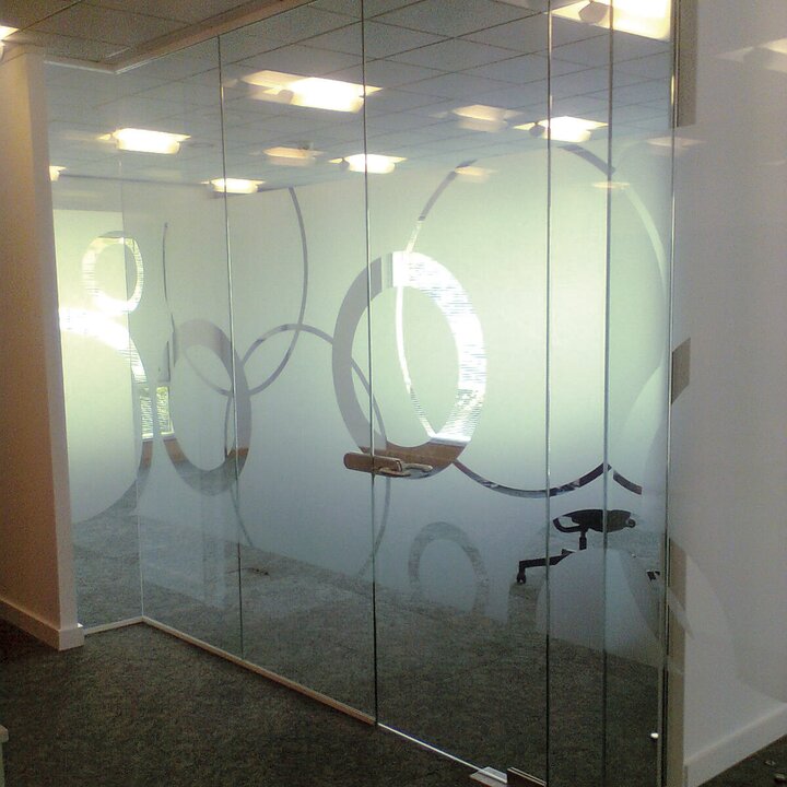 office window with etched glass decor